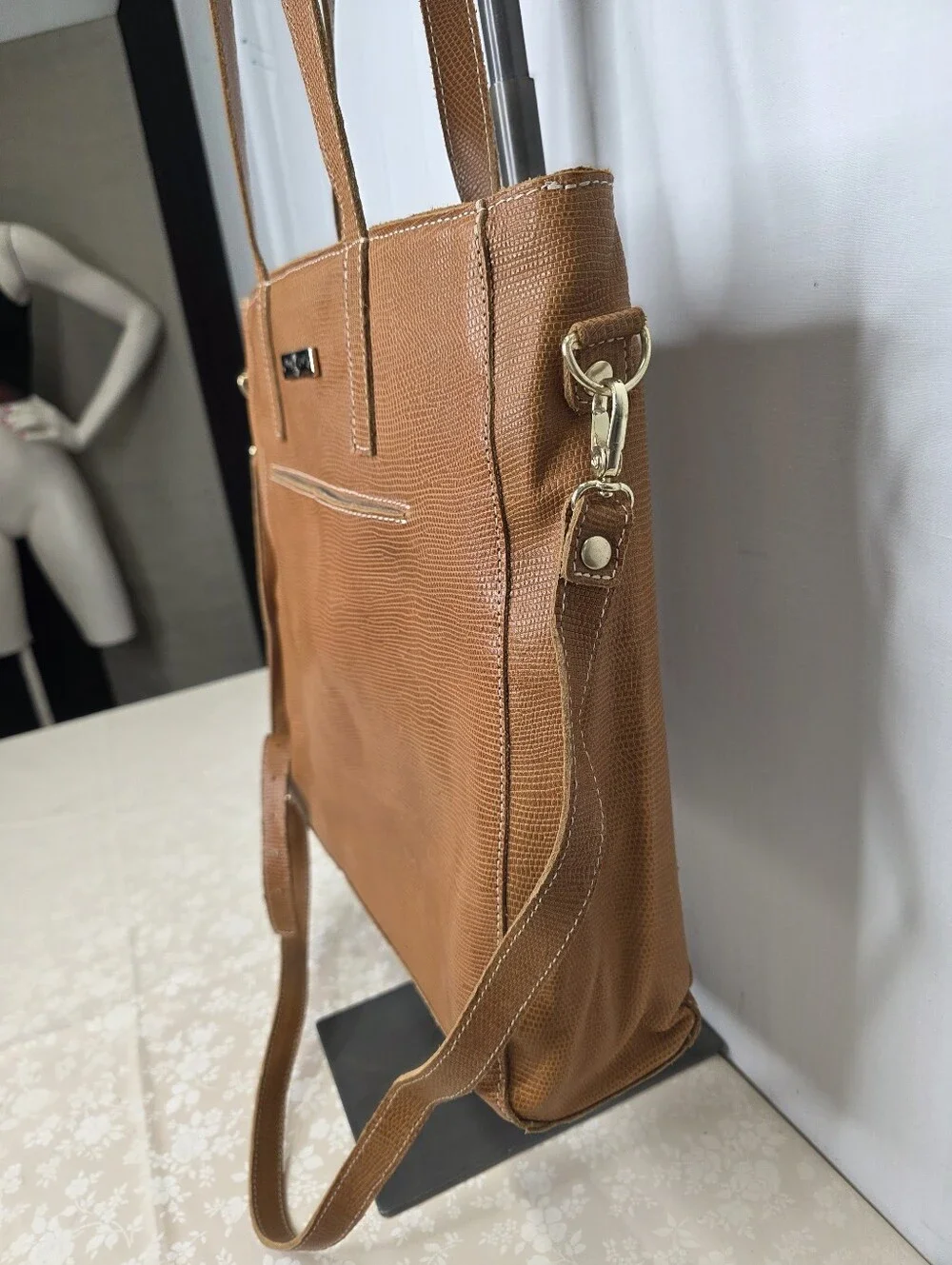 Planner Perfect Brown Lizard Embossed Leather Convertible Tote Crossbody Bag